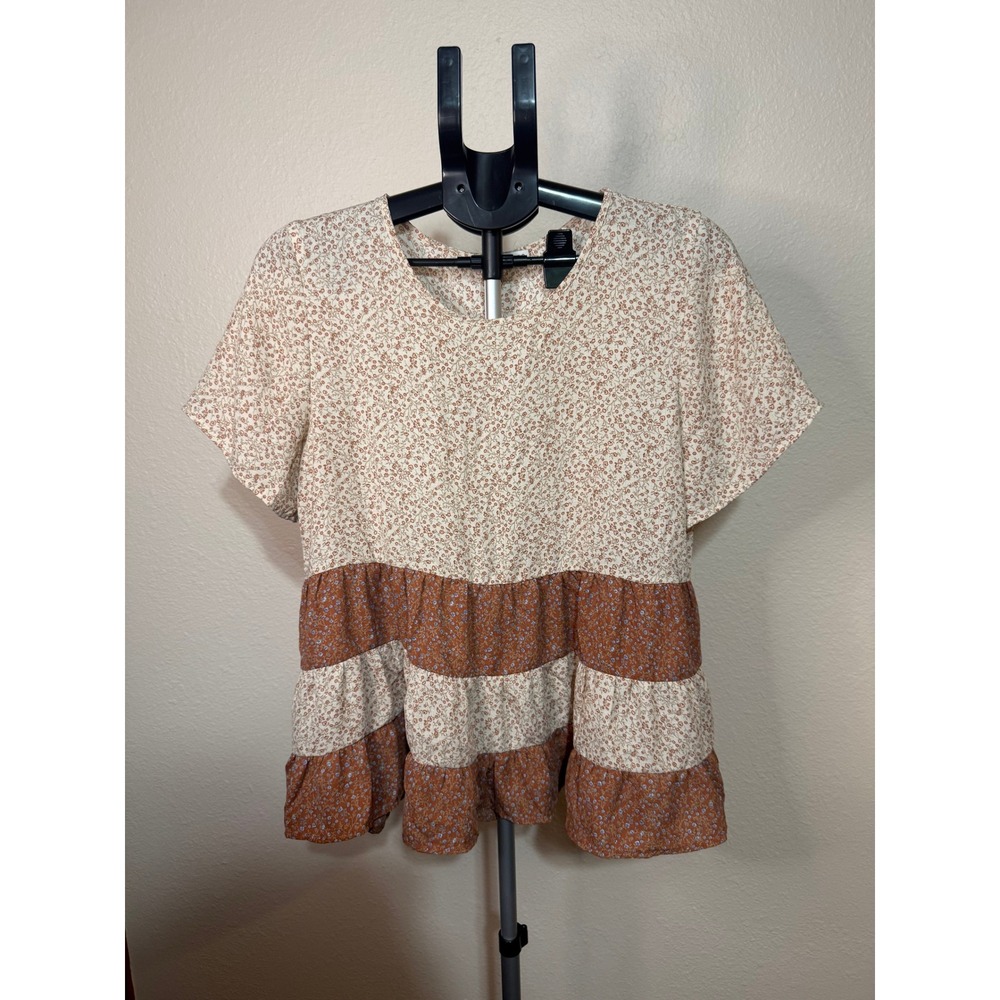 Paper Crane Mixed Floral Tiered Babydoll Top Rust Cream Short Sleeve Large
